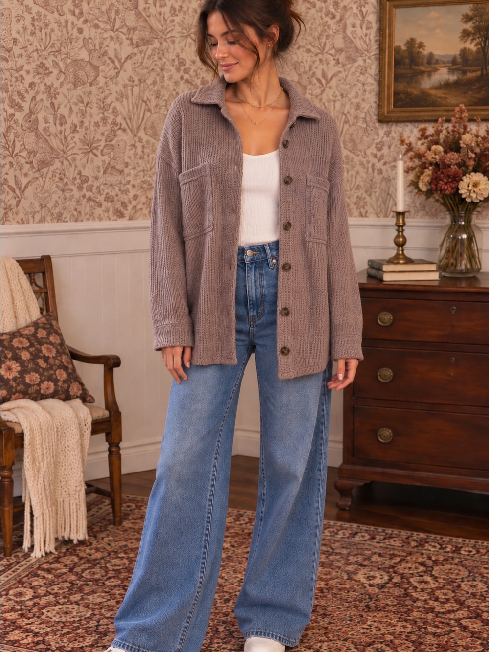 Thread & Supply Taupe Button-Front Knit Shacket